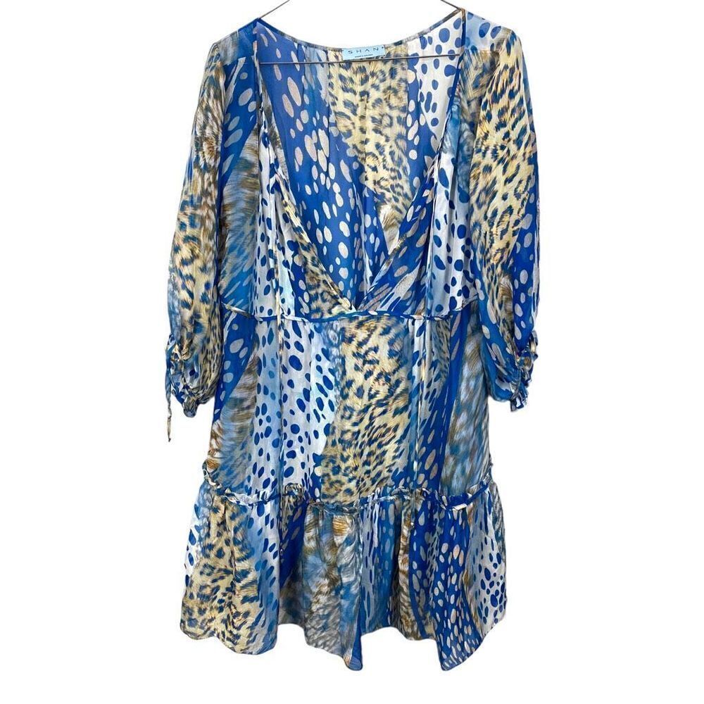 SHAN BLUE AFRICA COVER-UP TUNIC 3/4 SLEEVE TOP SILK LEOPARD ANIMAL PRINT